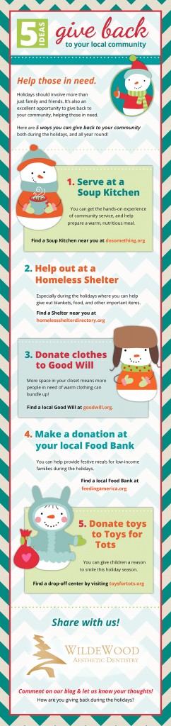 A Infogrpahic with a green stried border and cute snowmen illustrationg five ways you can give back to your local community curtesy of your dentist in Columbia, SC